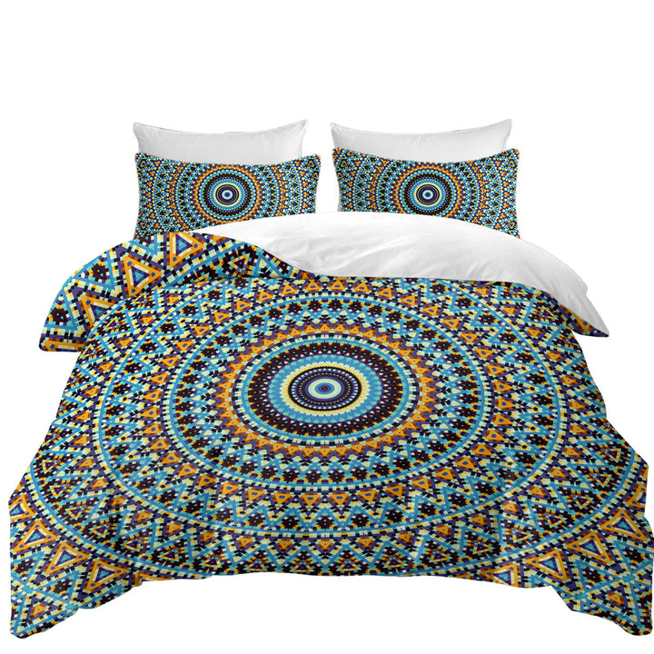 Duvet Cover with Powerful Blue Black Orange Mandala