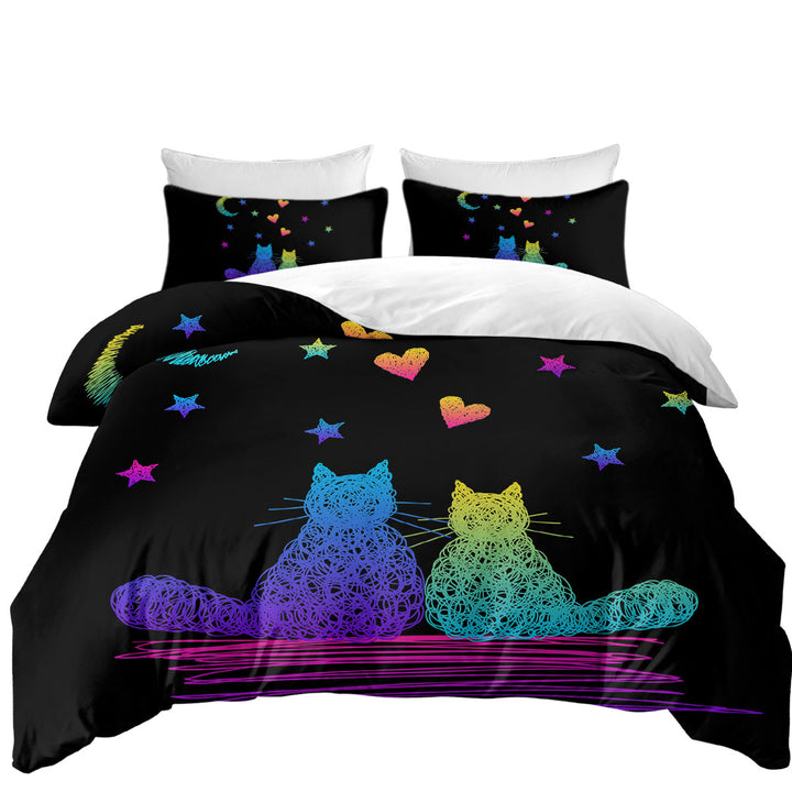 Duvet Cover with Romantic Cats Artistic Drawing
