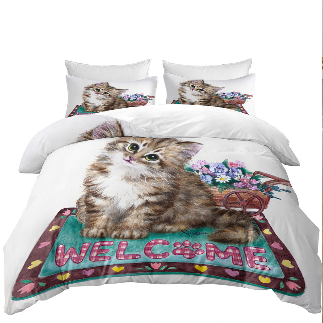 Duvet Cover with Welcome Flowers and Adorable Kitty Cat