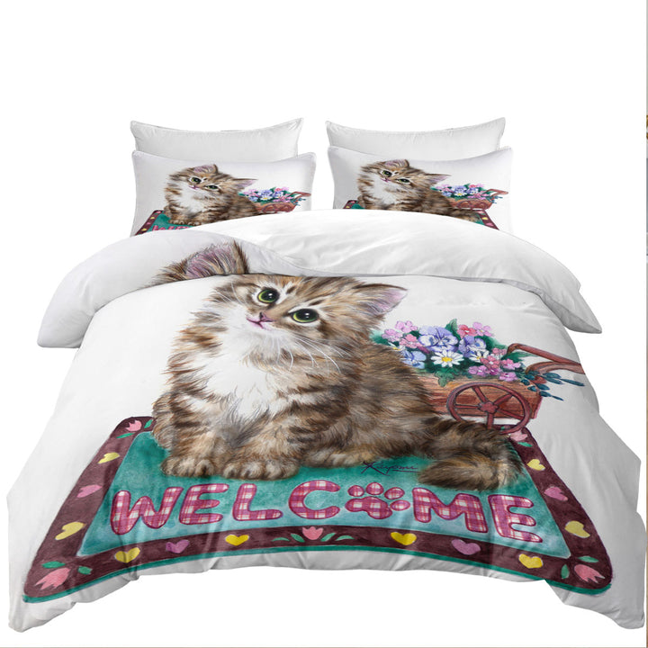Duvet Cover with Welcome Flowers and Adorable Kitty Cat