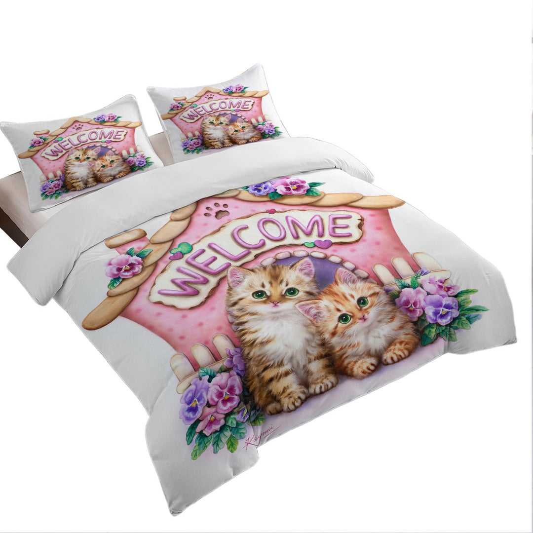 Duvet Cover with Welcome Tabby Ginger Kittens and Violet Flowers