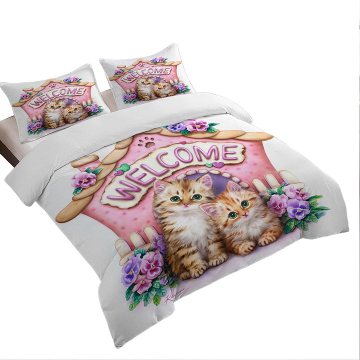 Duvet Cover with Welcome Tabby Ginger Kittens and Violet Flowers