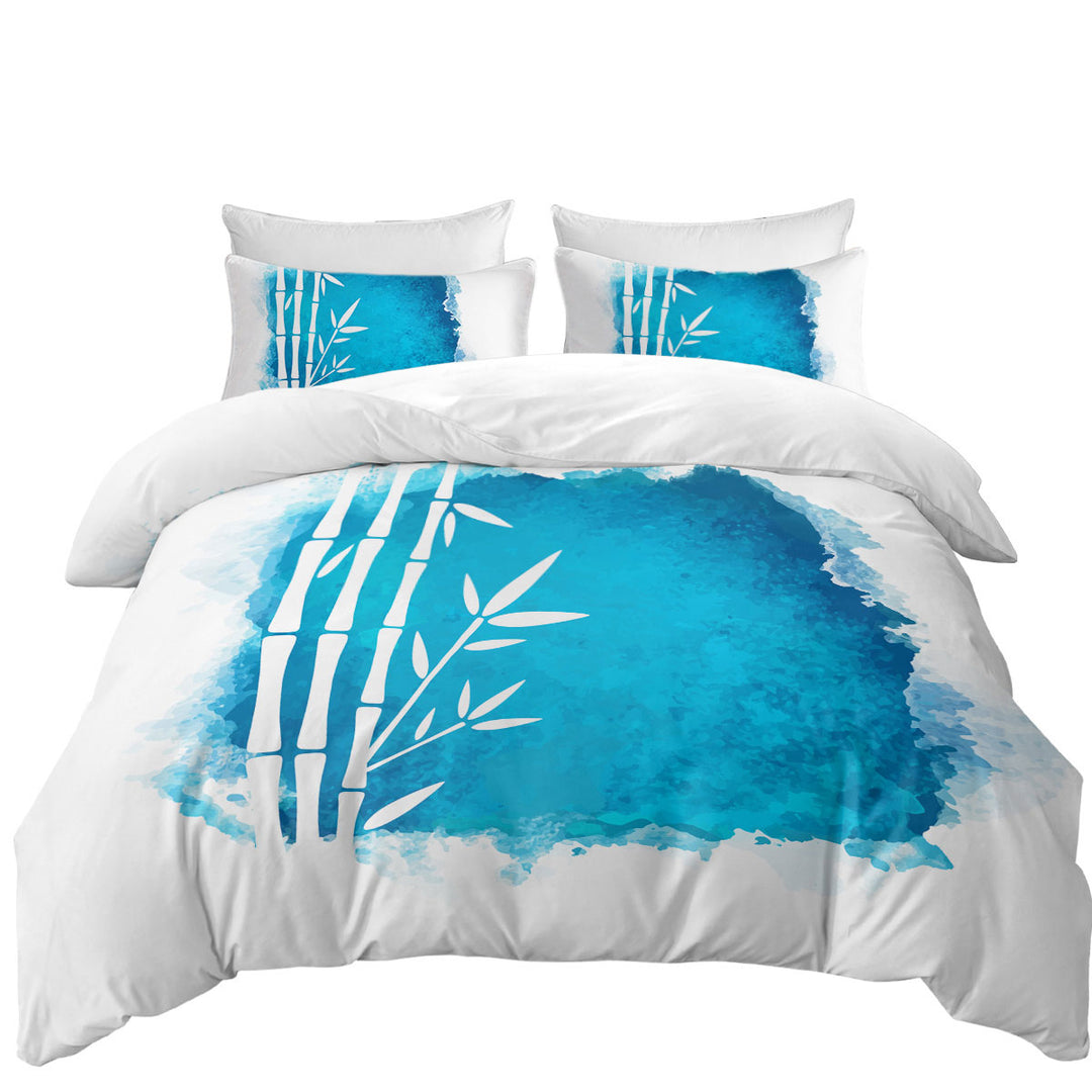Duvet Cover with White Bamboo Silhouette over Ocean Blue Paint