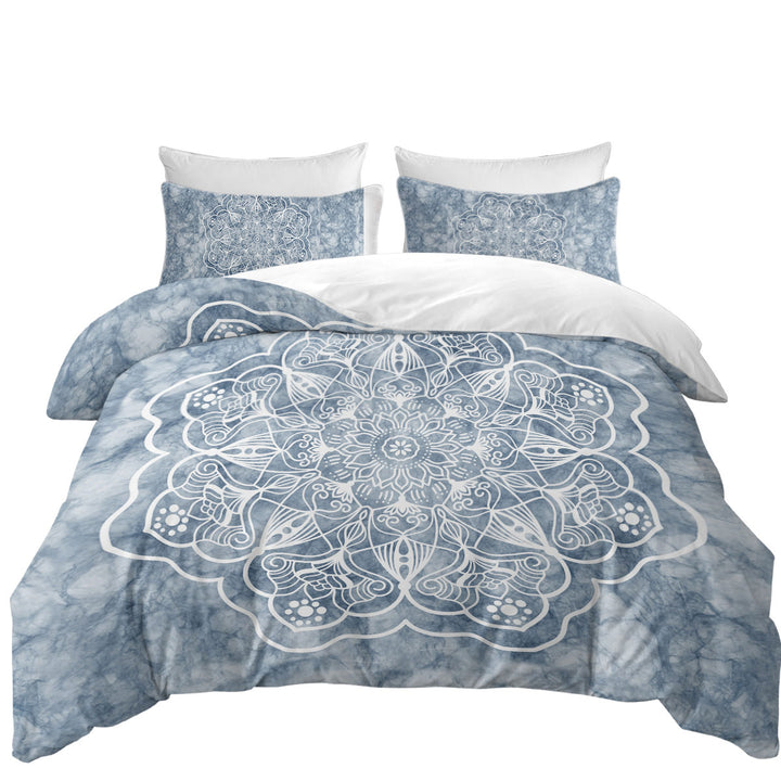 Duvet Cover with White Mandala on Greyish Marble