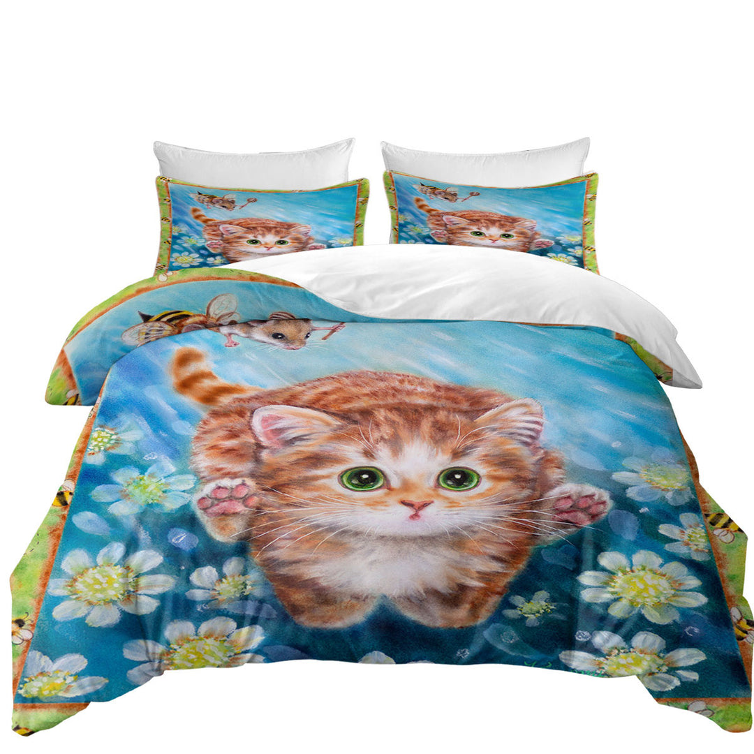 Duvet Covers King with Funny Art Designs for Children Kitten vs Bee Mouse