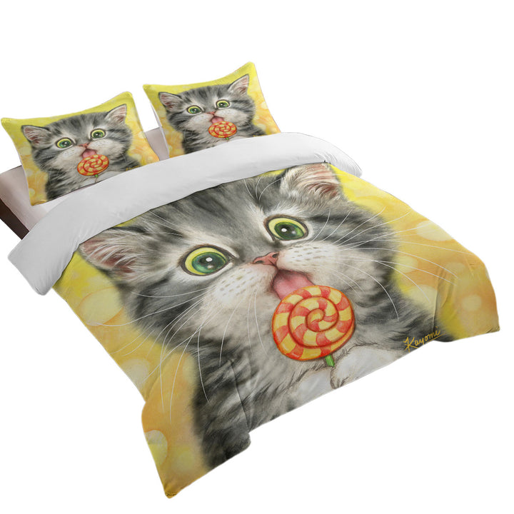 Duvet Covers King with Funny Kids Designs Licking Lollipop Kitty Cat