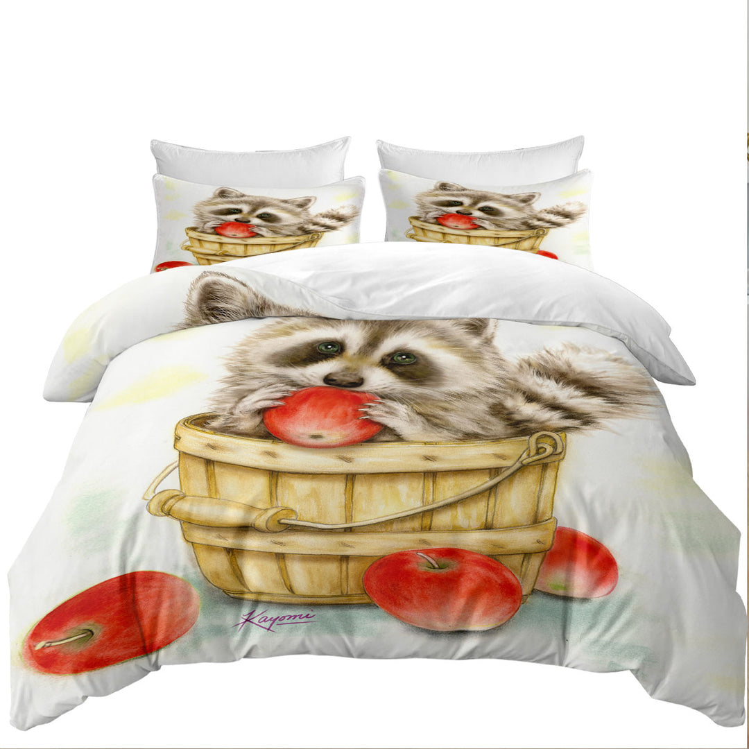 Duvet Covers King with Wildlife Cute Animal Art Apple Basket Raccoon