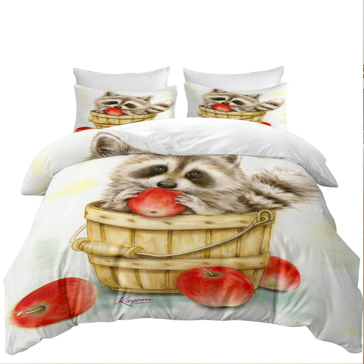 Duvet Covers King with Wildlife Cute Animal Art Apple Basket Raccoon