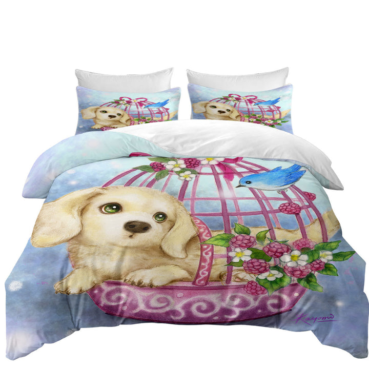 Duvet Covers with Animal Dogs Art Cute Dachshund in Bird Cage