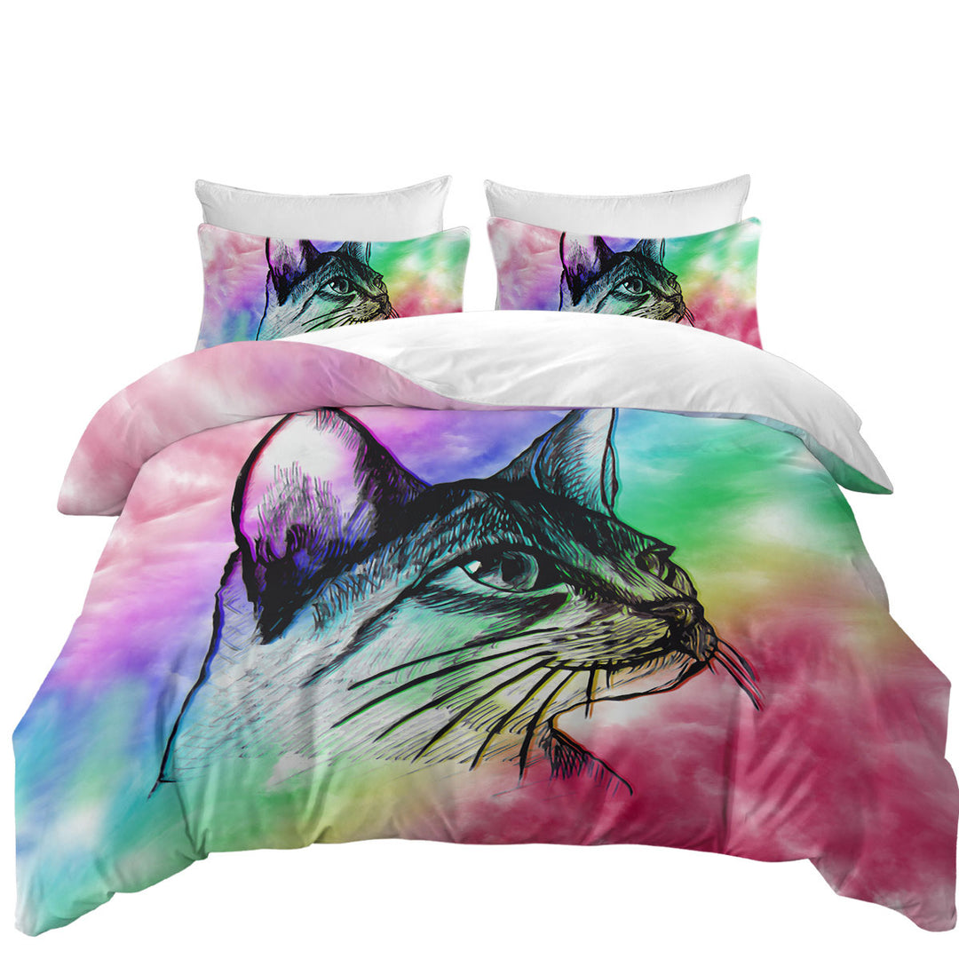 Duvet Covers with Art Cat Drawing over Colorful Fog