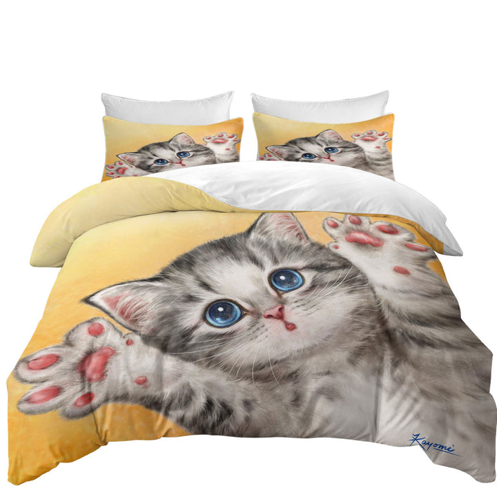 Duvet Covers with Cats Designs Heart Melting Blue Eyes Grey Kitten