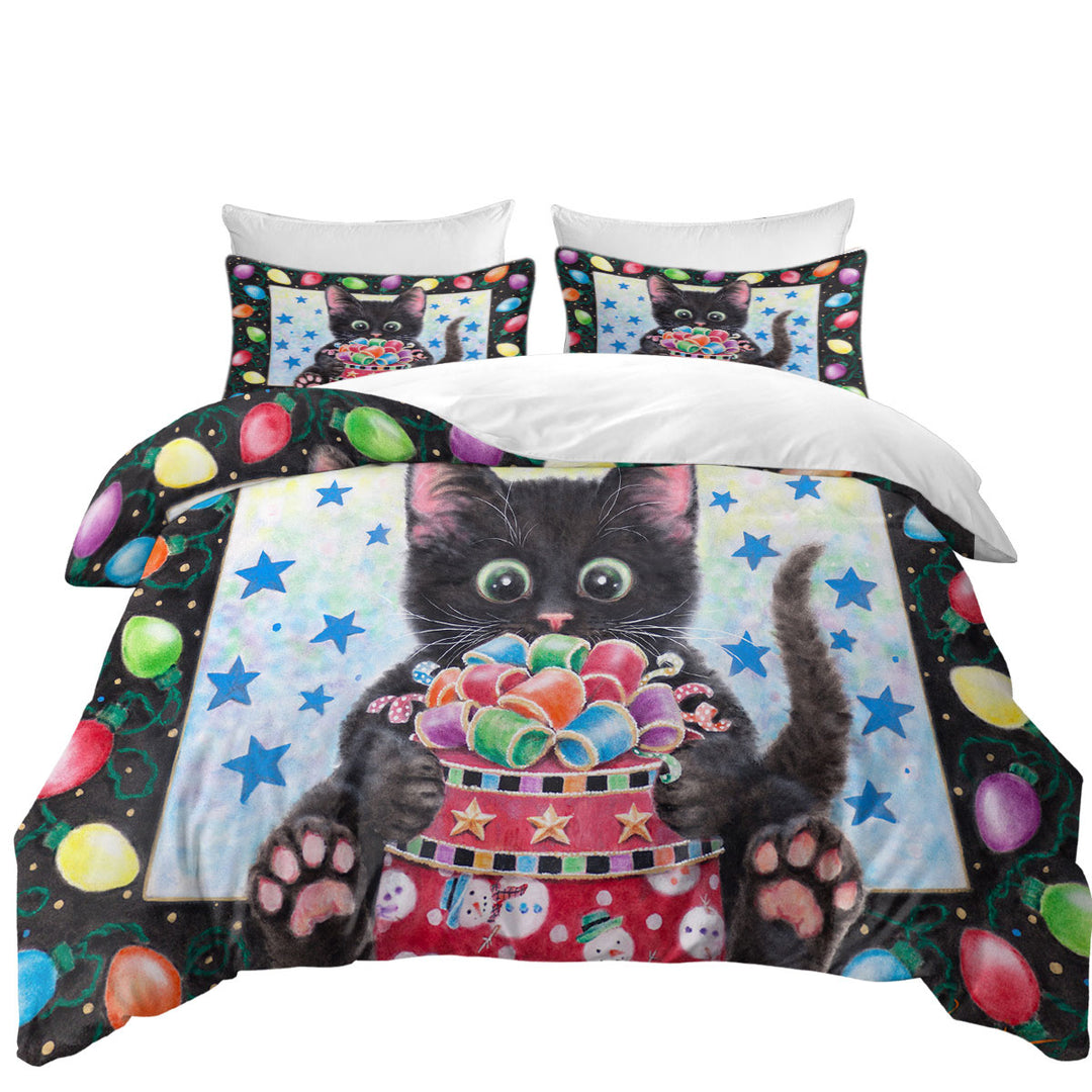 Duvet Covers with Christmas Lights and Cute Black Kitten Cat