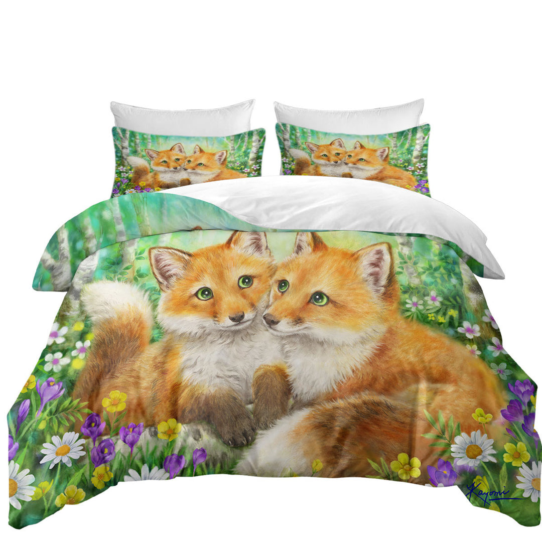 Duvet Covers with Cute Animal Painting Fox Brothers and Flowers
