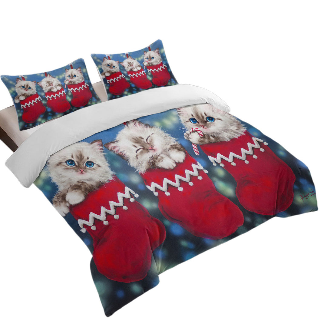Duvet Covers with Cute Christmas Design Trio Kittens in Red Socks