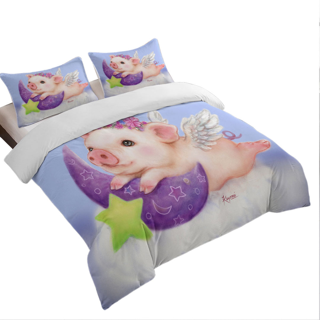 Duvet Covers with Cute Kids Design Purple Moon Angel Pig