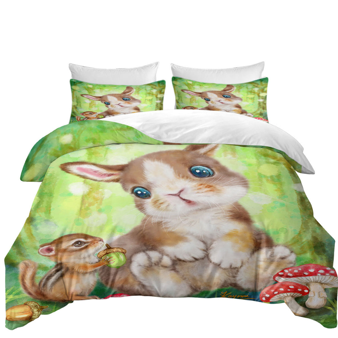 Duvet Covers with Cute Kids Drawings Mushrooms Bunny and Chipmunk