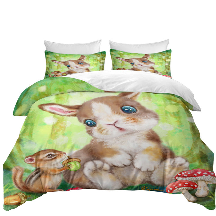 Duvet Covers with Cute Kids Drawings Mushrooms Bunny and Chipmunk
