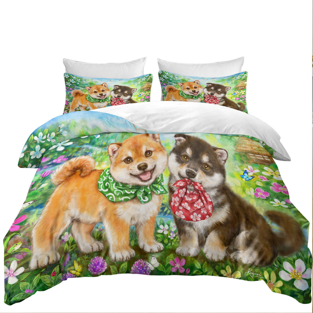 Duvet Covers with Cute Shiba Inu Dog Puppies in Flower Garden