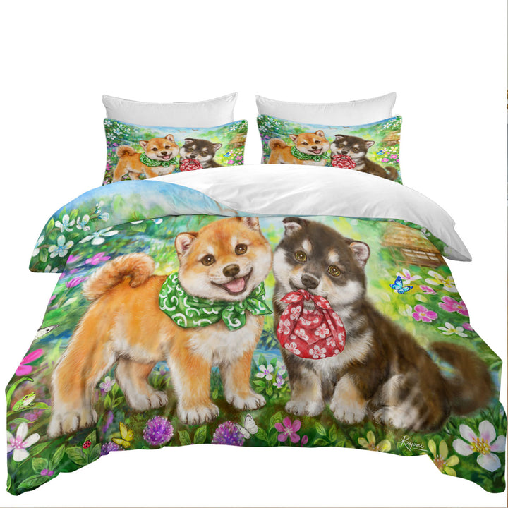 Duvet Covers with Cute Shiba Inu Dog Puppies in Flower Garden
