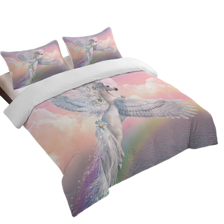 Duvet Covers with Fantasy Art Over the Rainbow Flying White Horse
