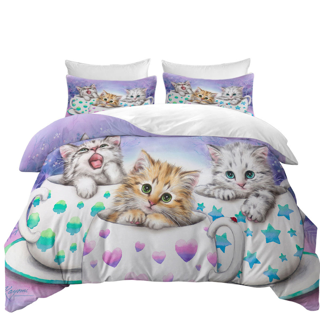 Duvet Covers with Funny Cats Art Coffee Cups with Cute Kittens