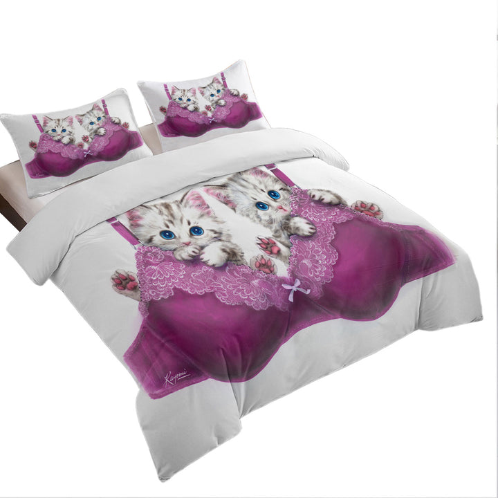 Duvet Covers with Funny Cats in Purple Bra Cute Grey Kittens