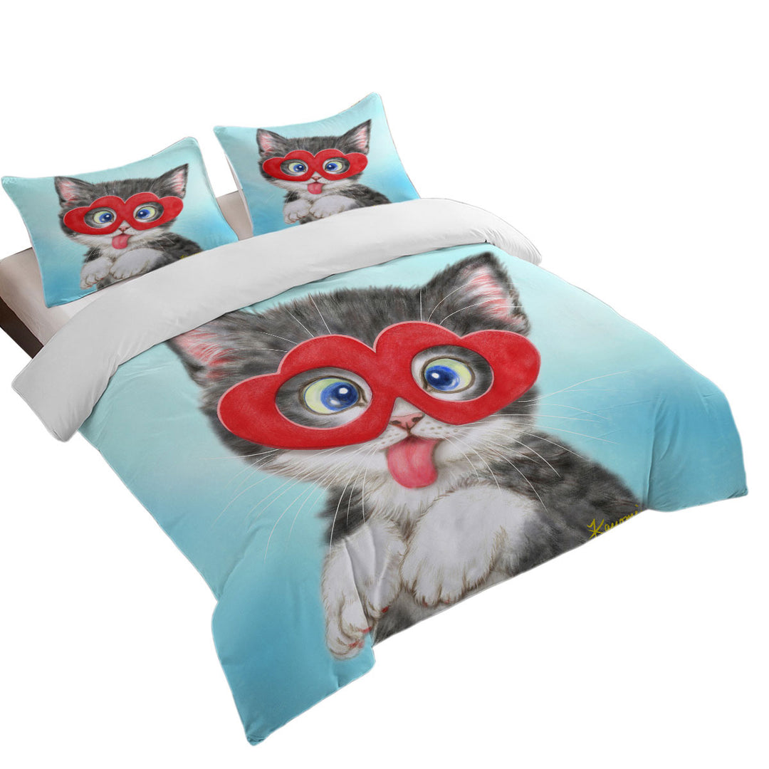Duvet Covers with Kids Cute Silly Kitten Wearing Heart Glasses
