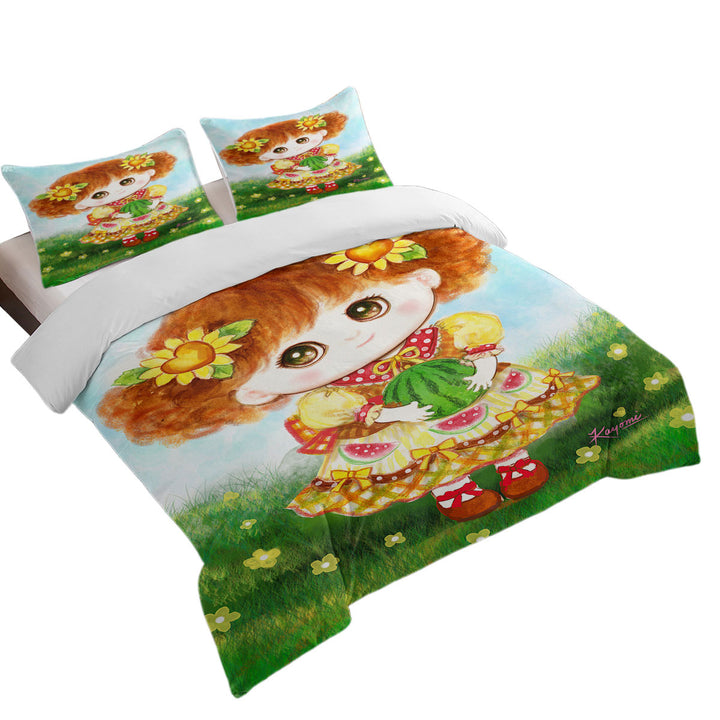 Duvet Covers with Kids Drawings Yellow Girl and Watermelon