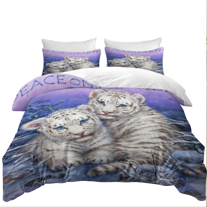 Duvet Covers with Positive Wildlife Animal Art White Tiger Cubs