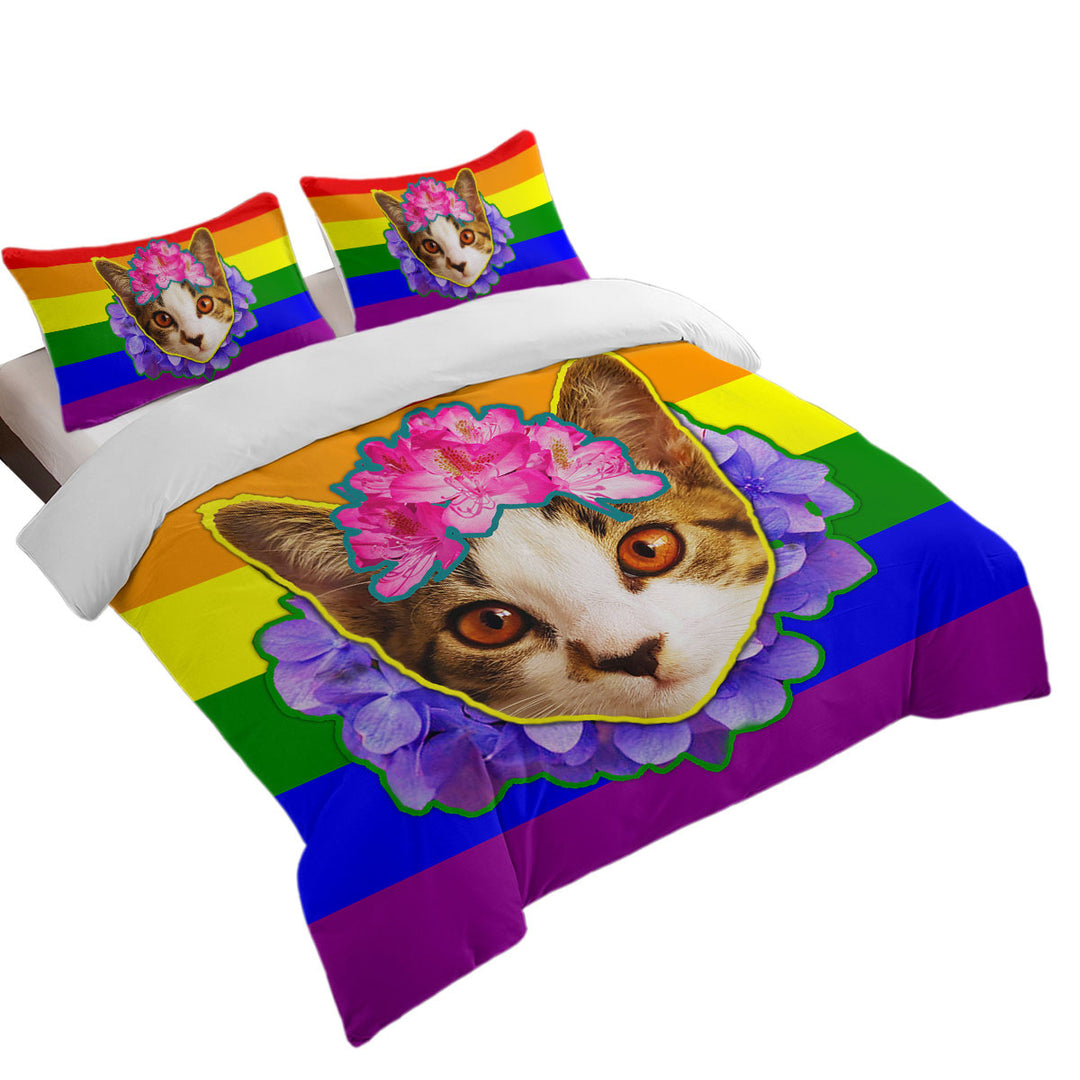 Duvet Covers with Rainbow Flag Adorable Flowery Kitten
