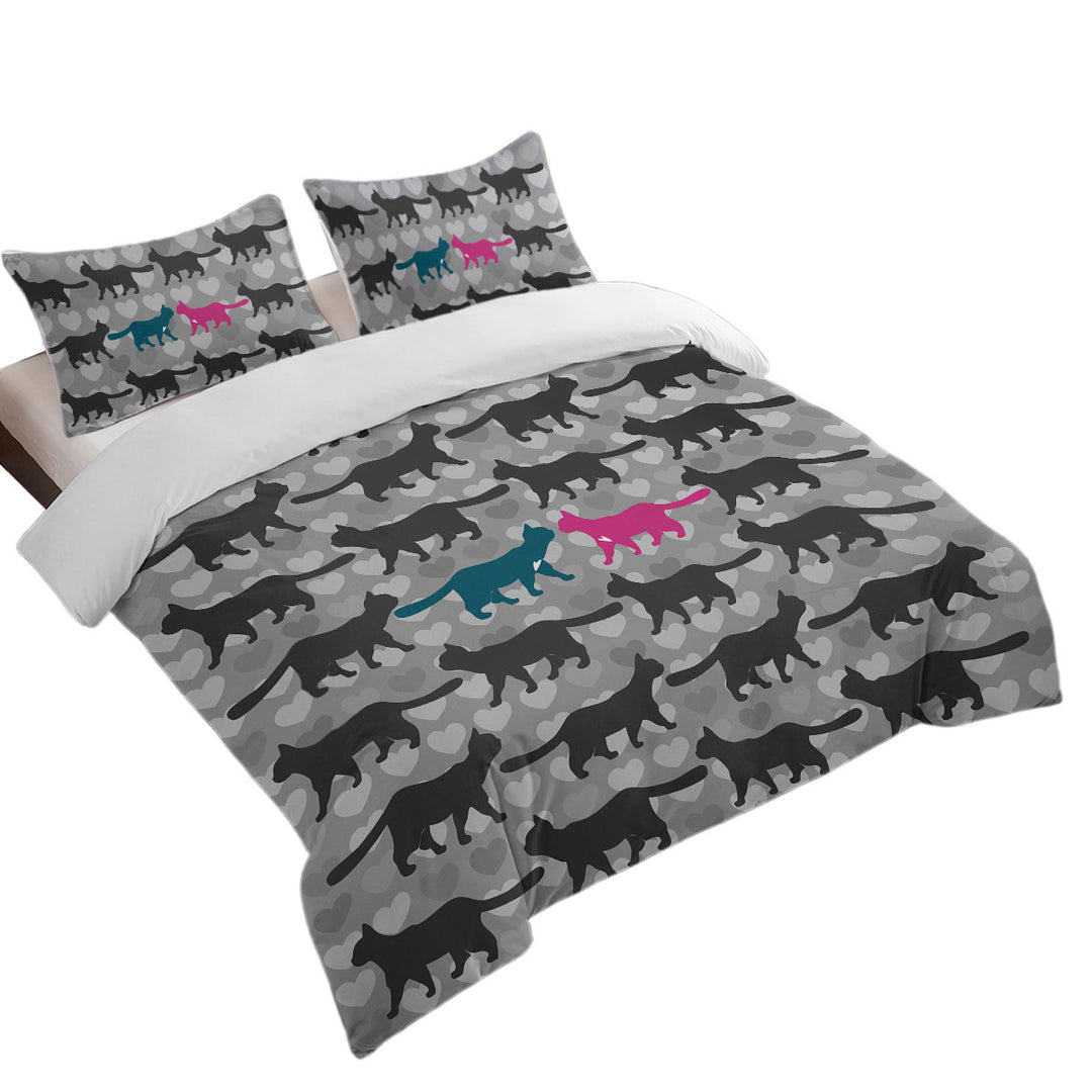 Duvet Covers with Romantic Cats Hearts and Cat Silhouettes