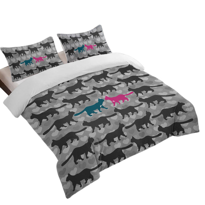 Duvet Covers with Romantic Cats Hearts and Cat Silhouettes
