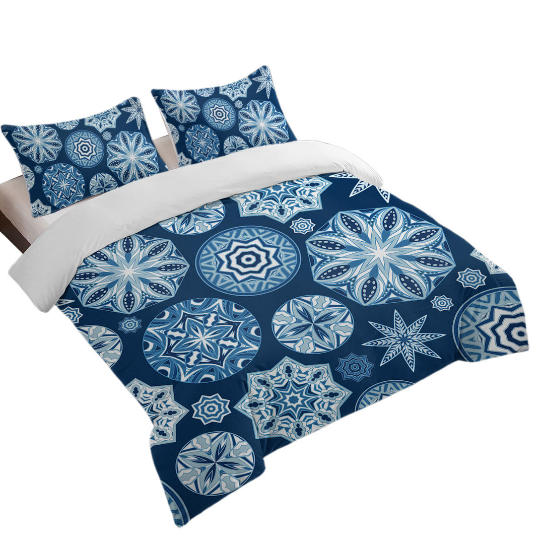 Duvet Covers with Sparkling Blue Snowflakes Mandalas