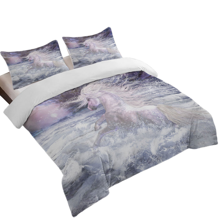 Duvet Covers with Stunning White Horse Running in the Ocean