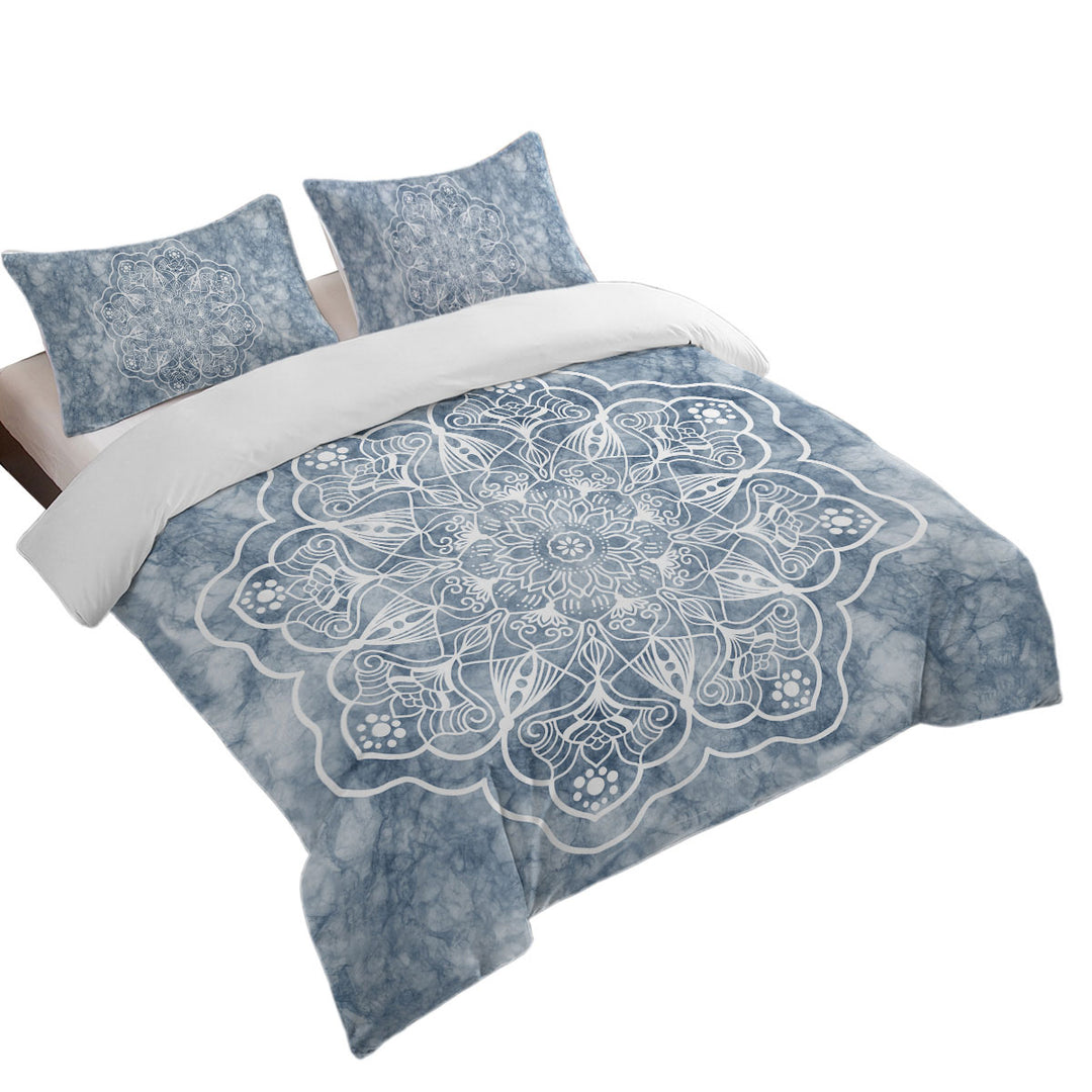 Duvet Covers with White Mandala on Greyish Marble