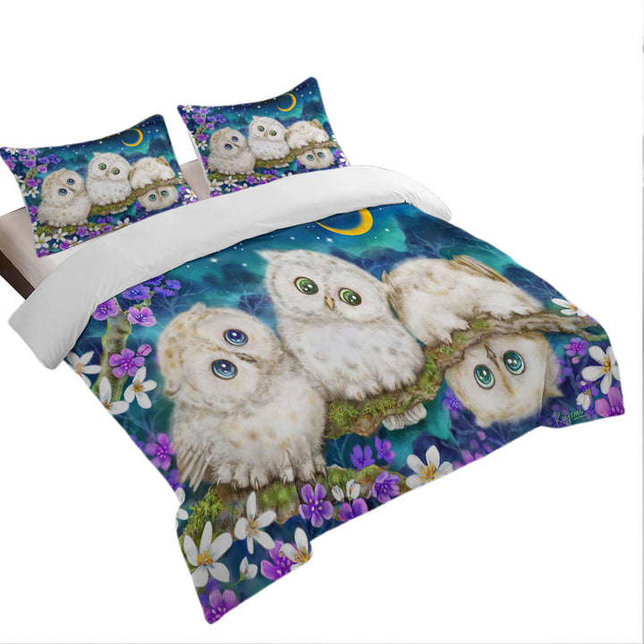 Duvet Covers with Wild Birds Art Cute Night Flowers and Owls