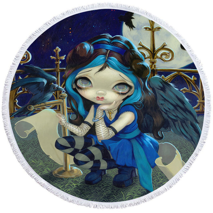 Edgar Allan Poe Circle Beach Towel the Raven Gothic Raven Winged Girl