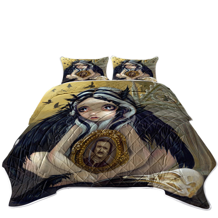 Edgar Allan Poe Nevermore Dark Raven Girl Coverlets