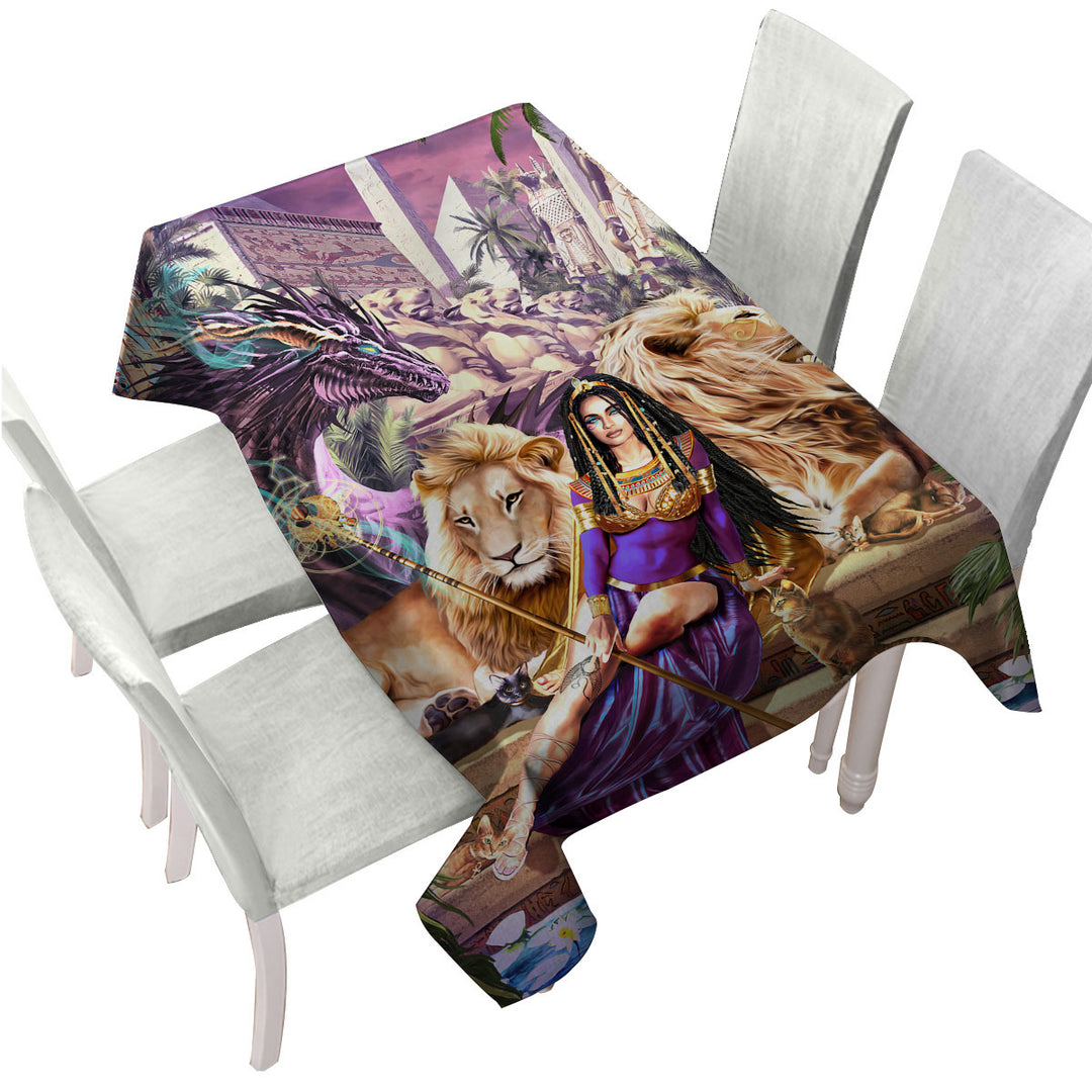 Egyptian Art Lions Dragon and Princess Cleopatra Tablecloth