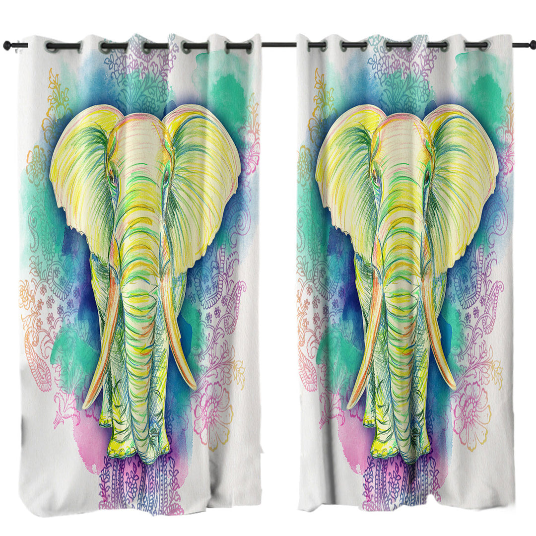 Elephant Drawing over Oriental Flowers Curtain