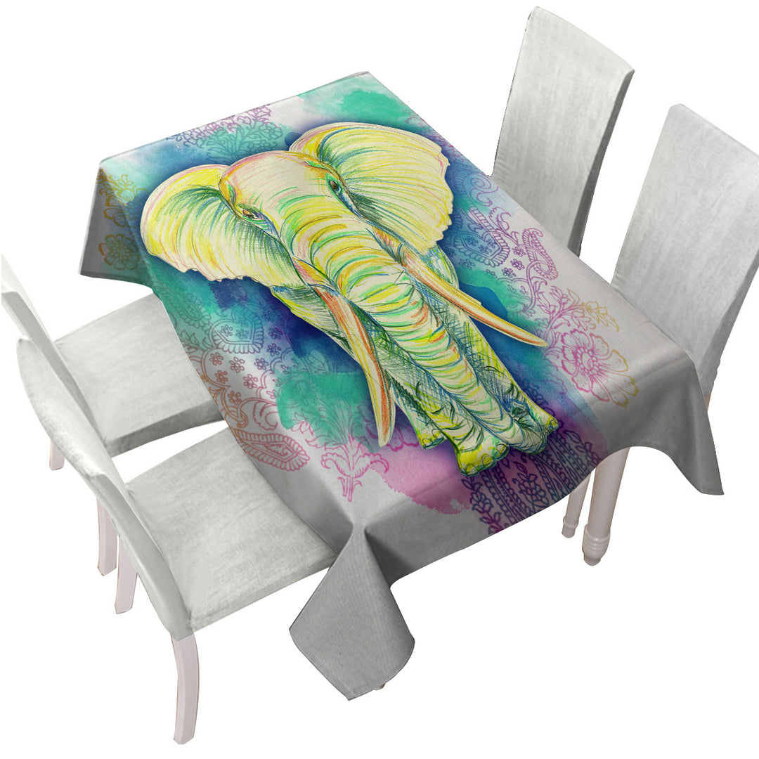 Elephant Drawing over Oriental Flowers Custom table cloth