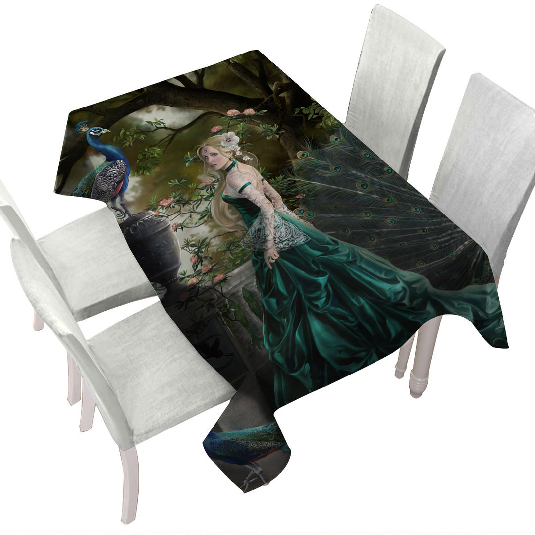 Emerald Fantasy Peacocks and Princess Tablecloth