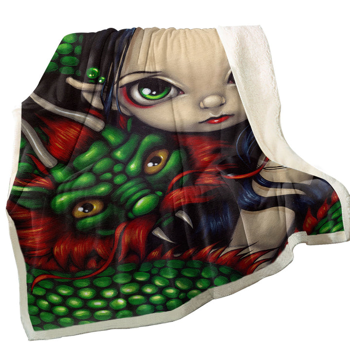 Emerald Guardian Elf Maiden and Her Chinese Dragon Fleece Blankets