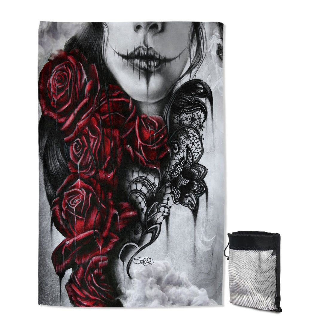 Entrap Dark Red Roses Gothic Girl Beach Towels