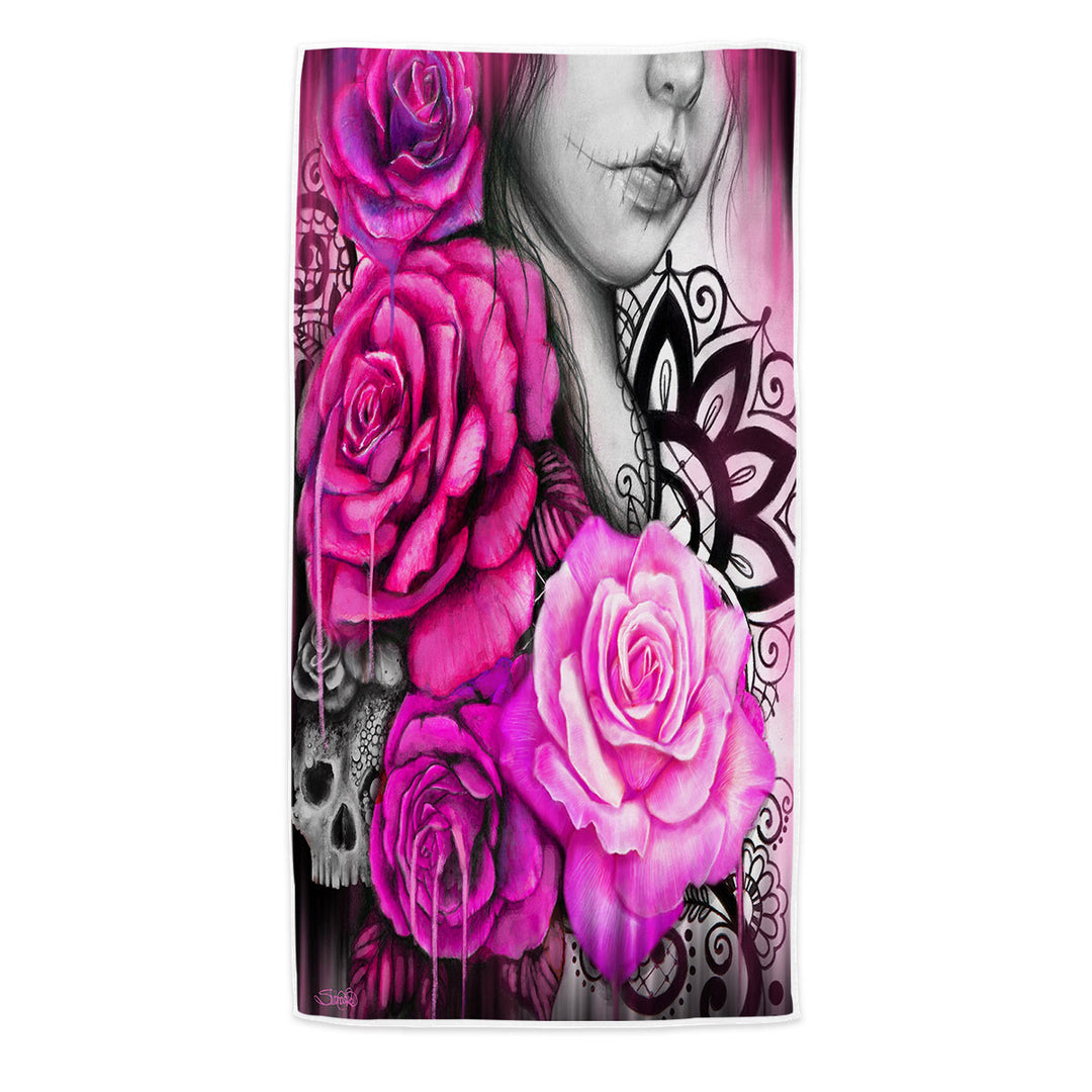 Entrap Hot Pink Roses Gothic Girl Microfibre Beach Towels