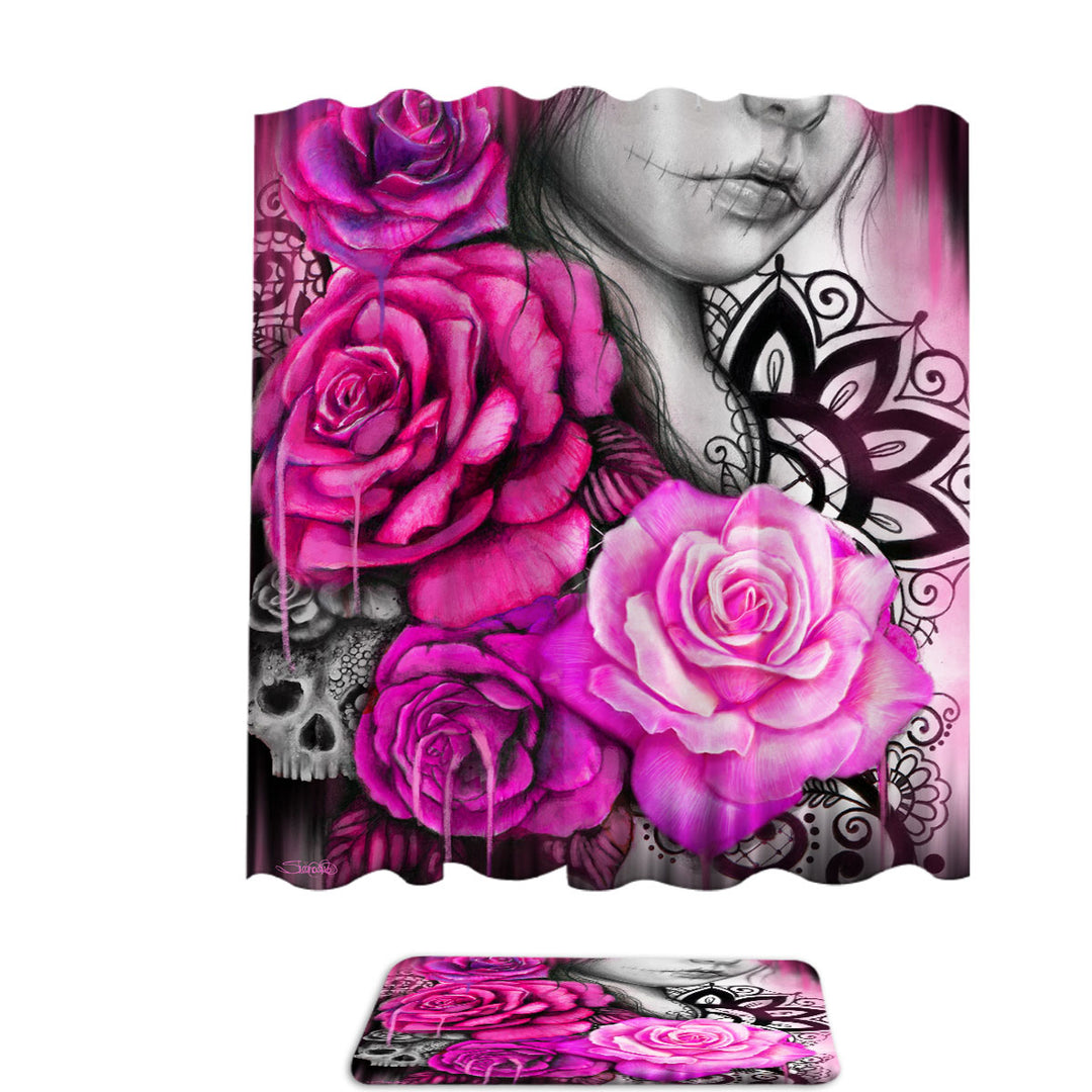 Entrap Hot Pink Roses Gothic Girl Shower Curtains