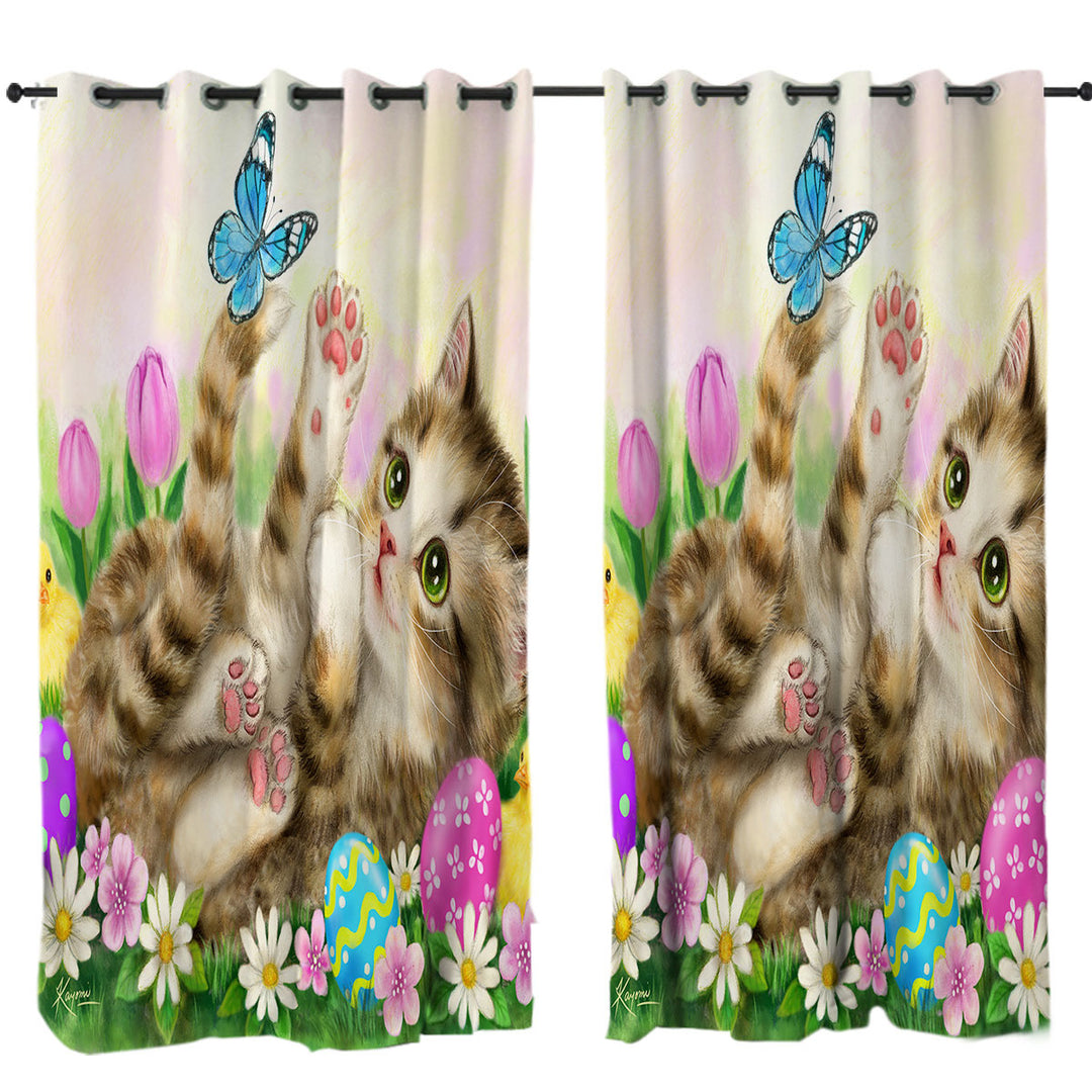 Eyelet Curtains with Holiday Kitten and Chicks in the Easter Garden