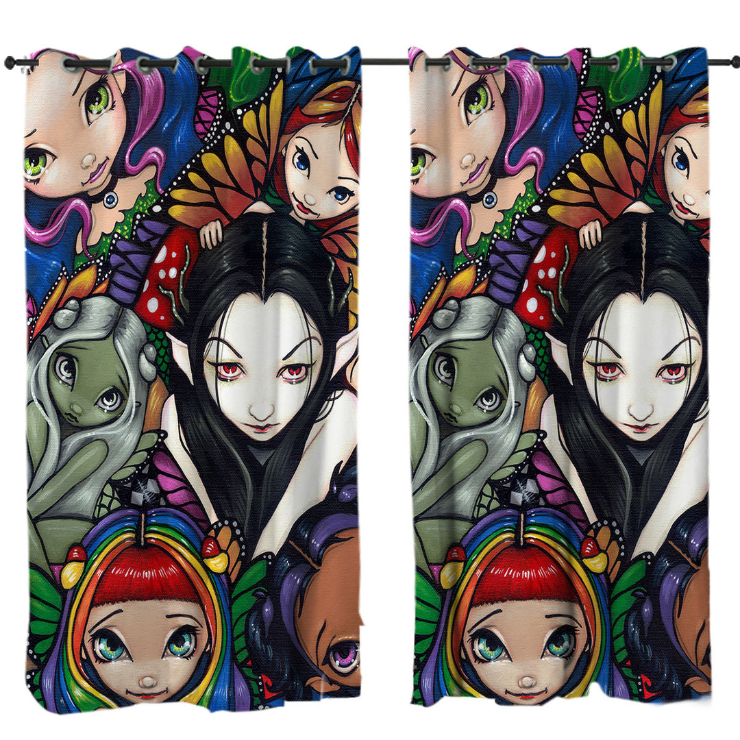 Eyelet Curtains with Multi Colored Fantasy Art Fairy Group Portrait