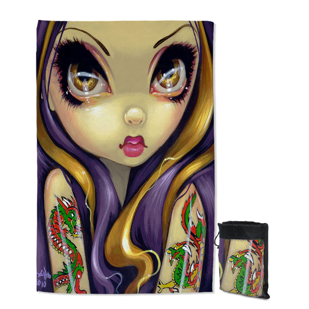 Faces of Faery _107 Cool Girl With Dragon Tattoo Beach Towels