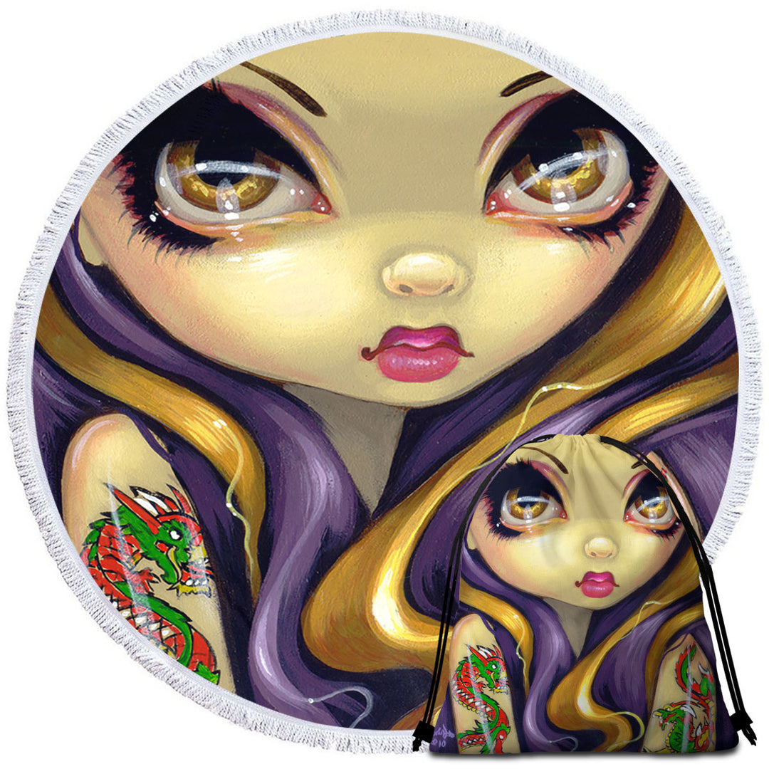 Faces of Faery _107 Cool Girl With Dragon Tattoo Round Beach Towel